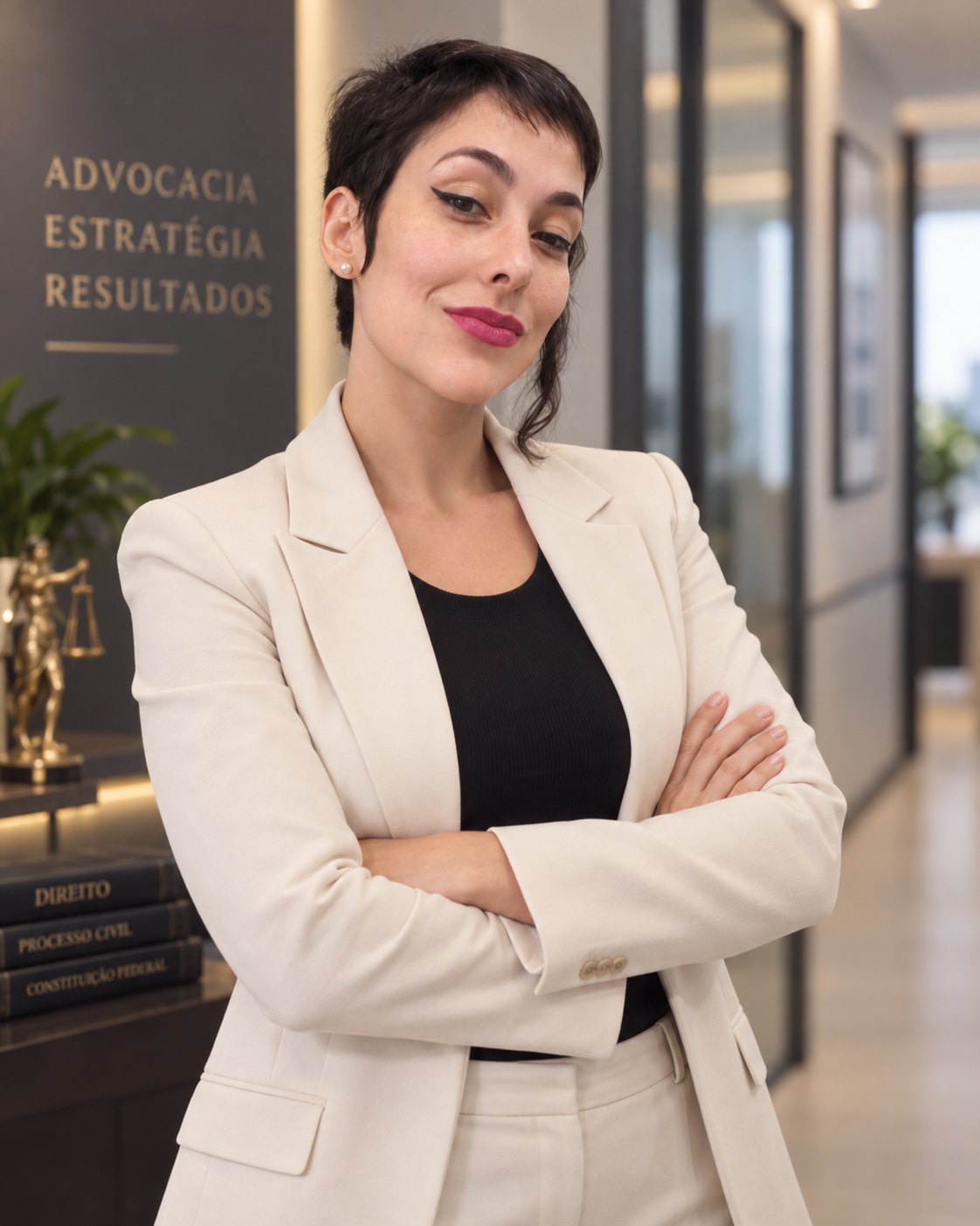 Dra. Francieli Zambonini em pé, de terno claro e braços cruzados, no corredor do escritório